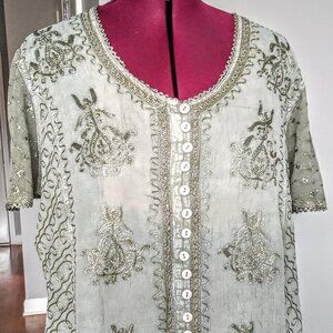 Sol & Mane Green Embroidered Short Sleeve Top